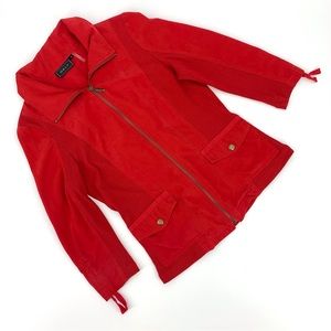 Orly Red Nylon with Ribbed Sides 3/4 Ruched Sleeves Zipper Front Jacket, 10